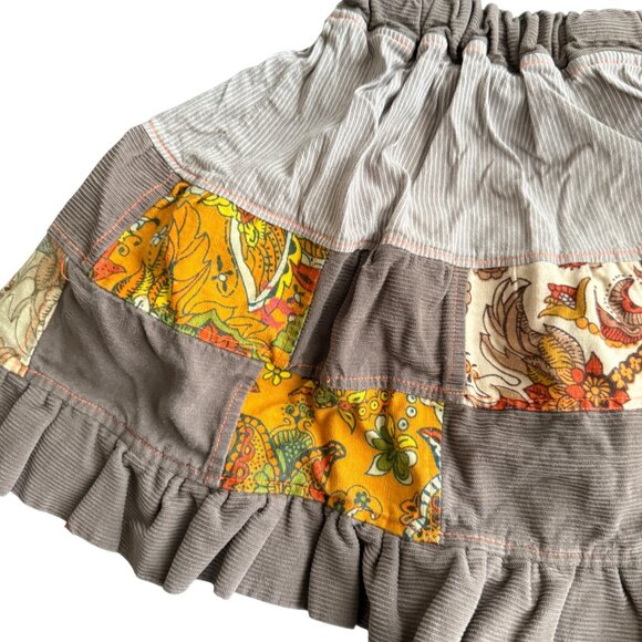 Vintage Girls Patchwork Corduroy Elastic Waist Skirt With Ruffles & Drawstring - Picture 4 of 4